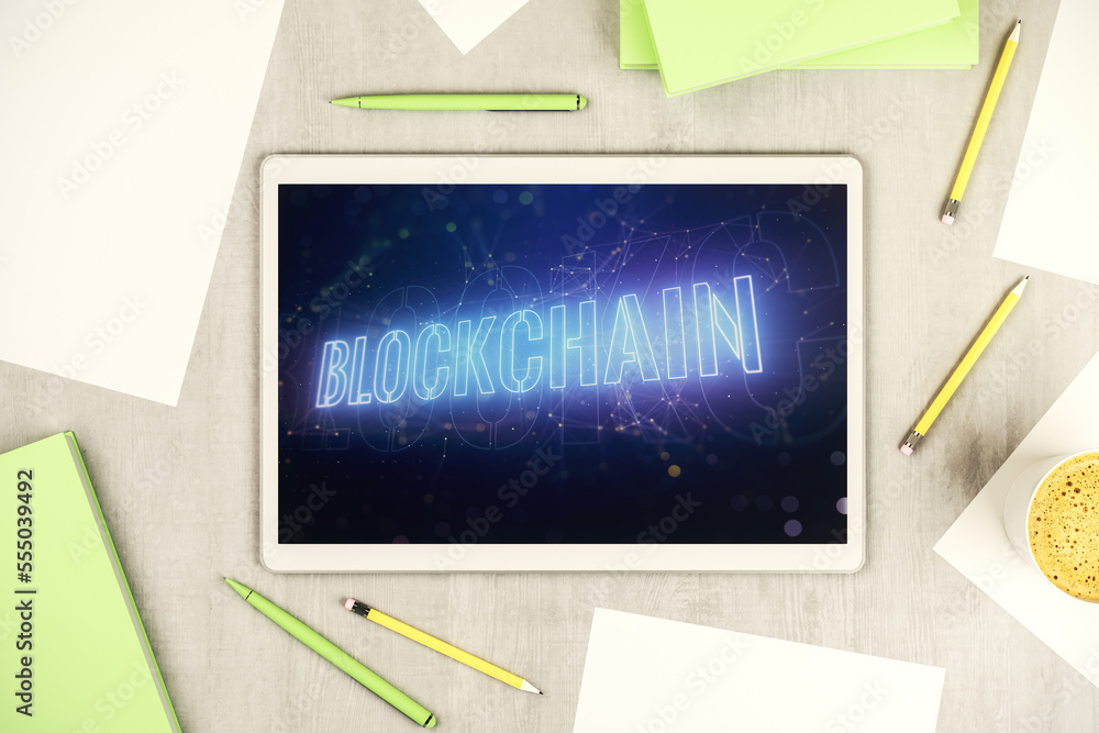 Poster creative concept of blockchain technology on modern digital tablet screen. digital money transfers a