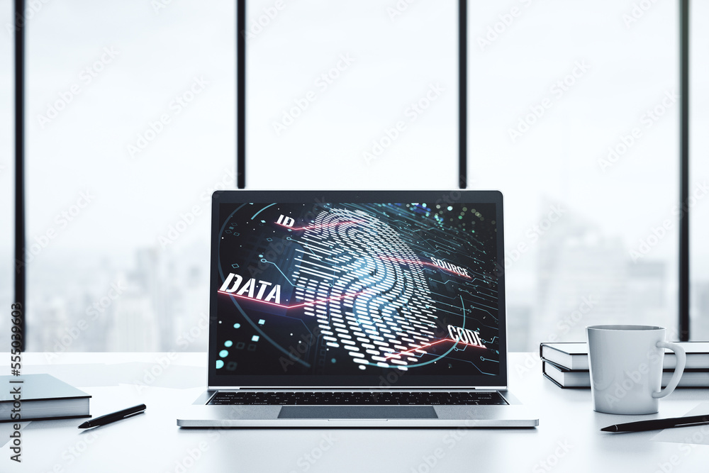 Poster Abstract creative fingerprint hologram on modern computer monitor, protection of personal information concept. 3D Rendering