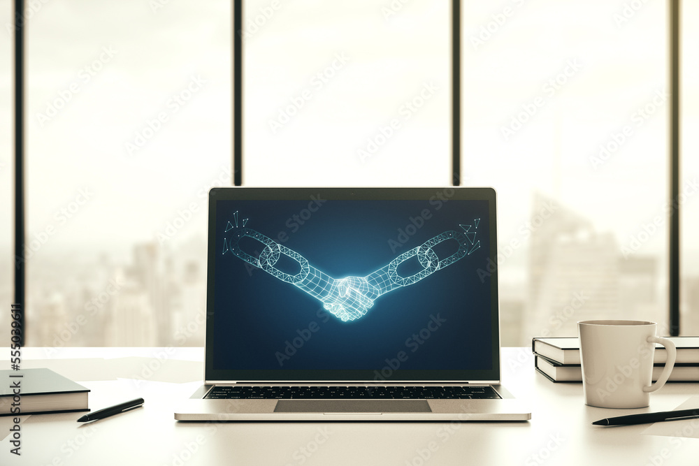 Poster creative concept of blockchain technology with handshake on modern laptop screen. digital money tran