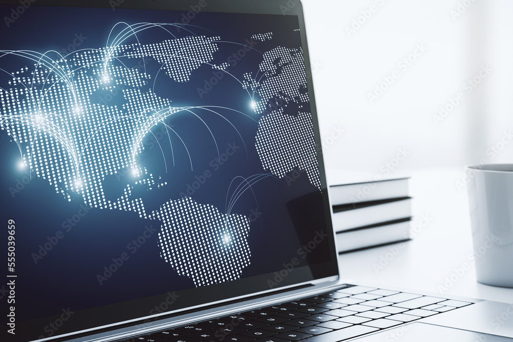 Poster modern computer monitor with abstract digital world map with connections, research and strategy conc