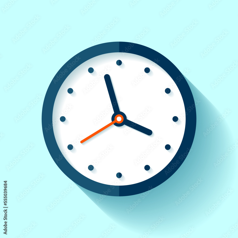 Poster clock icon in flat style. clock face. timer on blue background. business watch. vector design simple