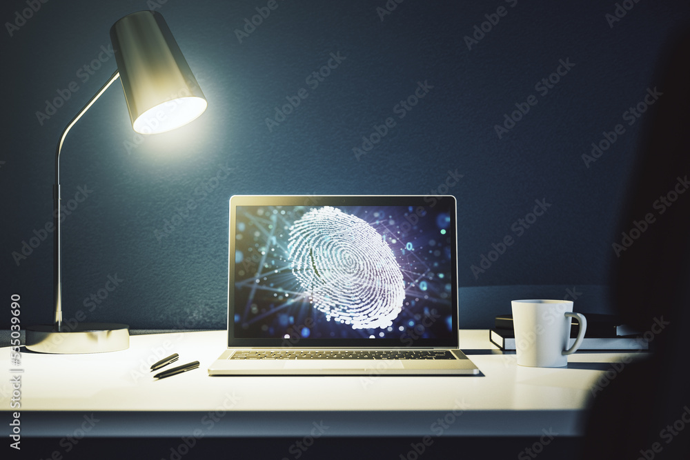 Poster Abstract creative fingerprint concept on modern laptop screen. 3D Rendering