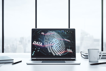 Abstract creative fingerprint hologram on modern computer monitor, protection of personal information concept. 3D Rendering