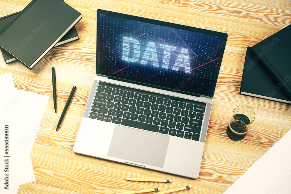 Aufkleber Creative Data word hologram on modern laptop monitor, big data and blockchain concept. 3D Rendering