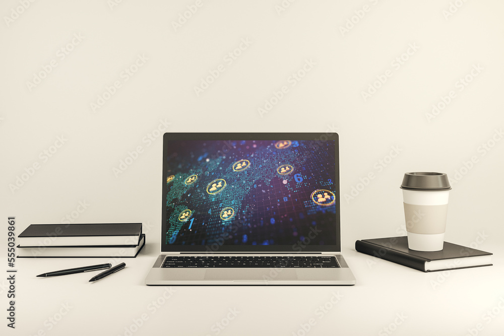 Poster Modern computer screen with social network icons concept and world map. Networking concept. 3D Rendering