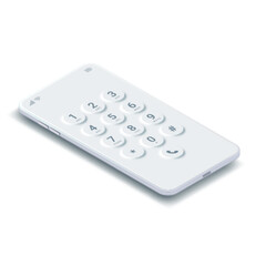 White isometric smartphone mock up. Dial screen on phone. Realistic mobile screen keypad with numbers and letter template. Vector 3D touchscreen device keypad white interface mockup.