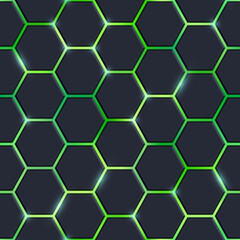 Abstract black hexagon tiles seamless pattern with shiny flares on green background. Modern technology luminous cells texture. Vector glowing game, medical, science hexagon background