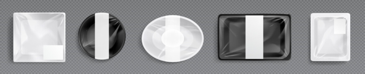 Plastic trays for food, empty styrofoam black and white containers with transparent film wrapper. Mockup of polystyrene package for lunch, meal and fresh products Realistic 3d vector illustration, set