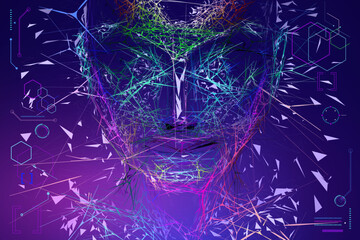Technology Holographic Female Face on dark background. Virtual digital  portrait view. Vector illustration.