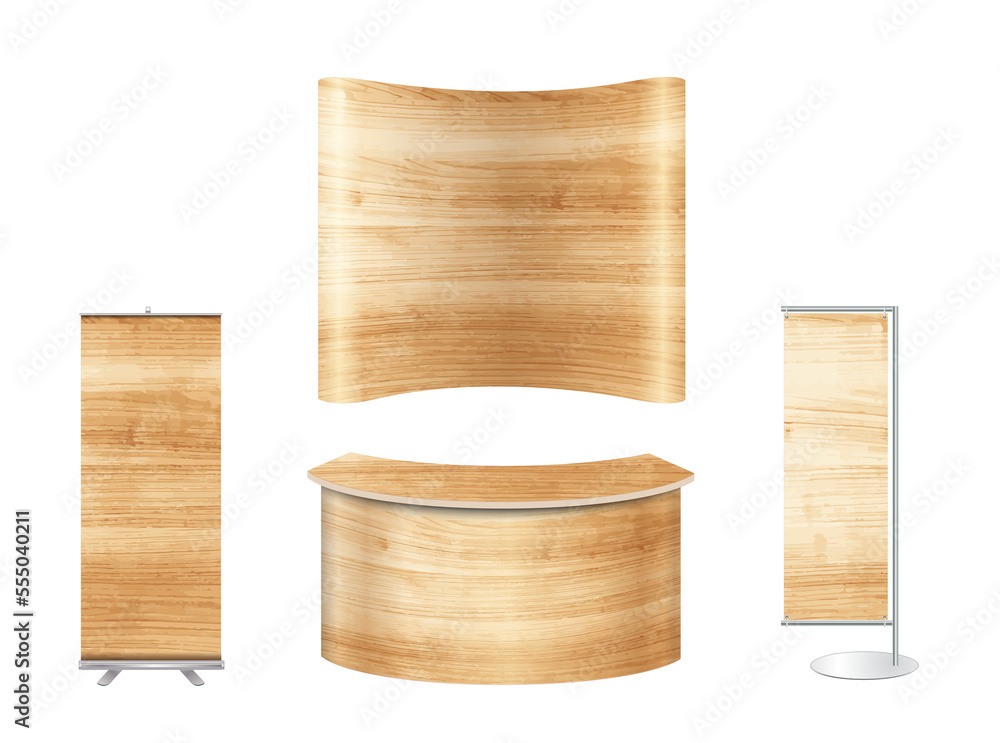 Poster trade show booth exhibition stand design mock up. front view with wood texture background