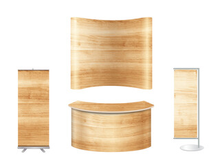 Trade show booth exhibition stand design mock up. Front view with wood texture background