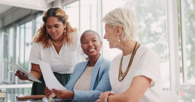 Leadership, documents or business women in a meeting planning branding direction for sales revenue increase. Diversity, collaboration or executive team of employees working on financial paperwork