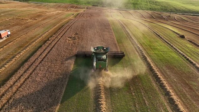 John Deere combine harvester on grain harvest. Wheat harwesting in field. Wheat planting. Wheat and corn markets in crisis world&rsquo;s breadbasket. Kazakhstan Alma-Ata, Aug 12, 2022.