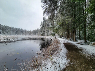 Path along reflective lake in the snow