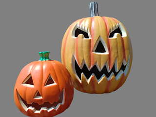 couple angry Orange Pumpkin for Halloween isolated on grey background with clipping path