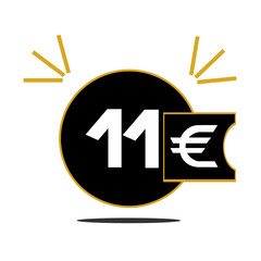 11€,eleven euro inside black circle with golden border for web page and advertisement