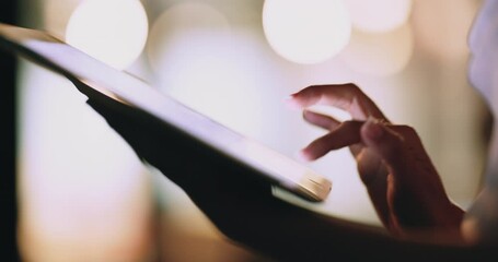 Tablet, business woman hands and night research of a web design worker with bokeh. Working, typing and code writing website designer with technology in a office reading company ux creative data