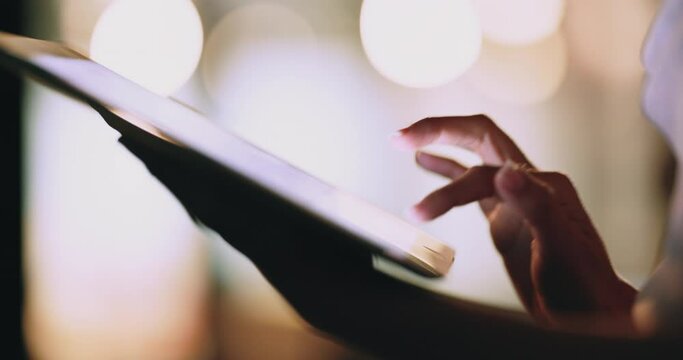Tablet, business woman hands and night research of a web design worker with bokeh. Working, typing and code writing website designer with technology in a office reading company ux creative data
