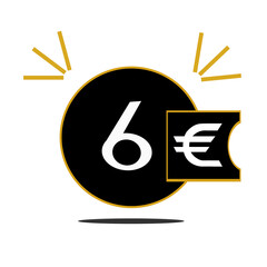 6€,six euro inside black circle with golden border for web page and advertisement