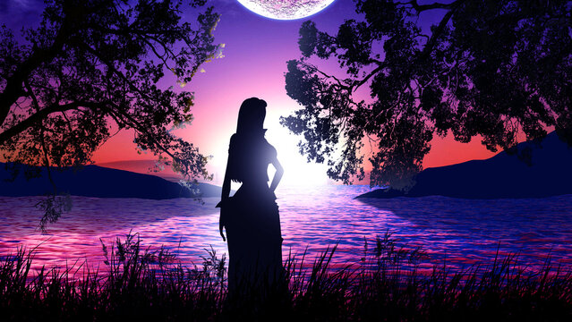 anime girl  beside the river under the tree  and horizon view 