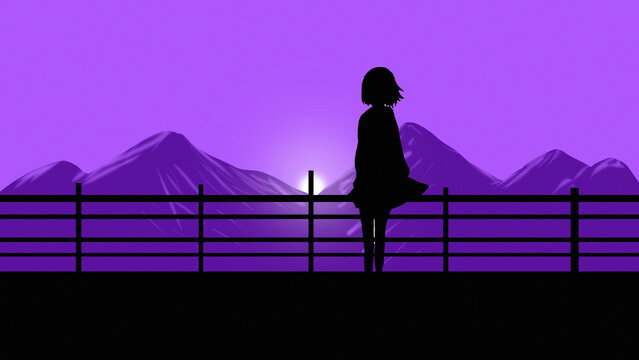 anime girl watching nature standing alone with sunset evening moment digital art