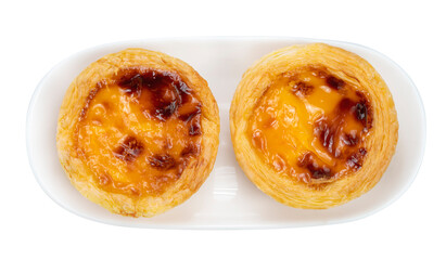 Sweet Baked Egg tart on white background, Pie Portuguese egg tart on white PNG File.