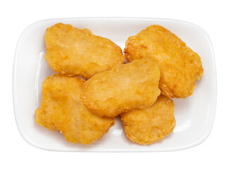 Nugget Fried chickenon white dish , Fried chicken on white background PNG File.
