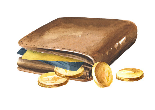 Wallet with bank cards and money coins. Hand drawn watercolor illustration isolated on white background