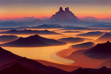 Fototapeta na wymiar Himalayan evening landscape, top view of the highlands, computer graphics