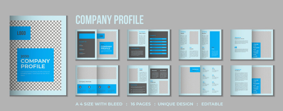 16 pages Corporate company profile bifold brochure template design