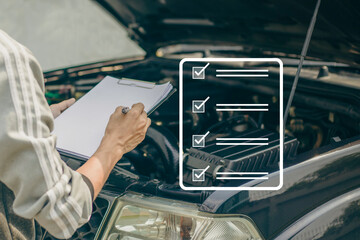 Auto mechanic checking car engine checking for engine repair, auto service and maintenance checklist.