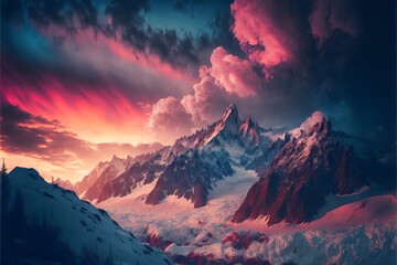 Fototapeta na wymiar Beautiful Digital Illustration Snow-Covered Mountains with Pink Sunset Sky