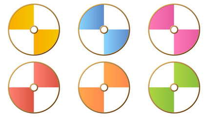 Set of colorful circles with golden border divided inside into 4 parts of copy space isolated on white background. Clipart.