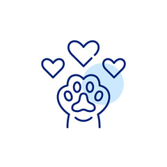 Cat giving approval. Feline paw up with three heart likes. Pixel perfect, editable stroke icon