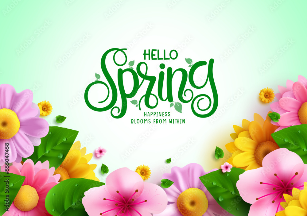 Poster hello spring text vector background design. spring hello greeting typography with blooming fresh flo