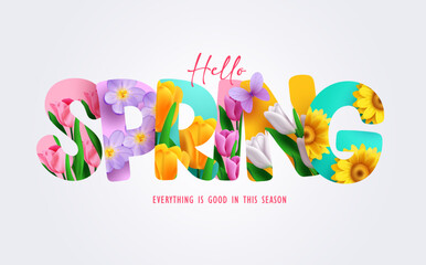 Spring flower text vector design. Hello spring text, font and letters with colorful and blooming flowers decoration elements. Vector Illustration. © AmazeinDesign
