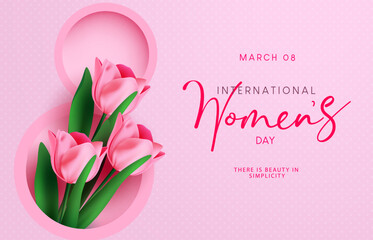 Women's day international vector background design. Happy women's day text with blooming fresh tulip flowers in number eight shape elements decoration. Vector Illustration.
