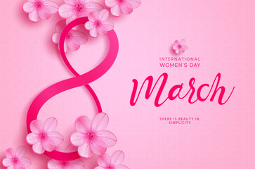 Women's day march 8 vector background design. Happy women's day text with cherry blossom flower elements for march 8 international holiday celebration. Vector Illustration.