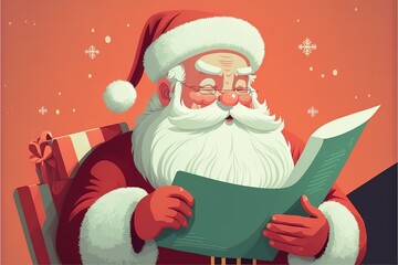 Cute cartoon Santa Claus reading gift list Merry christmas. Generative AI