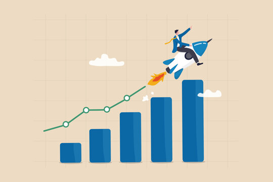 Business Growth, Investment Profit Increase, Growing Fast Or Improvement Sales And Revenue, Progress Or Development Concept, Businessman Riding Rocket On Growth Bar Graph Or Rising Up Revenue Chart.