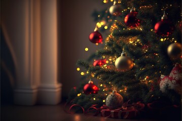 Fototapeta na wymiar Evergreen Christmas Tree is Decorated with Red. Generative AI