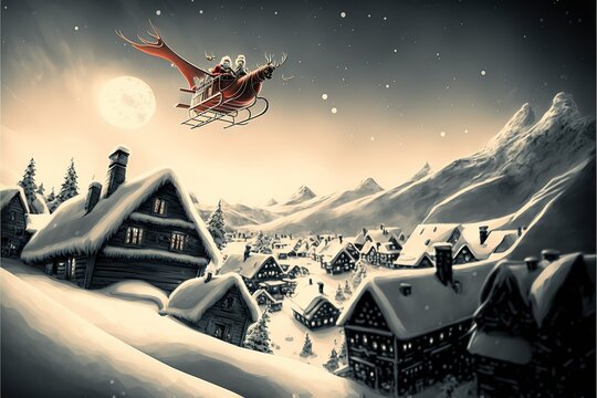 Digitally generated image of Santa's sleigh flying over a snow covered village and delivering Christmas presents. Generative AI