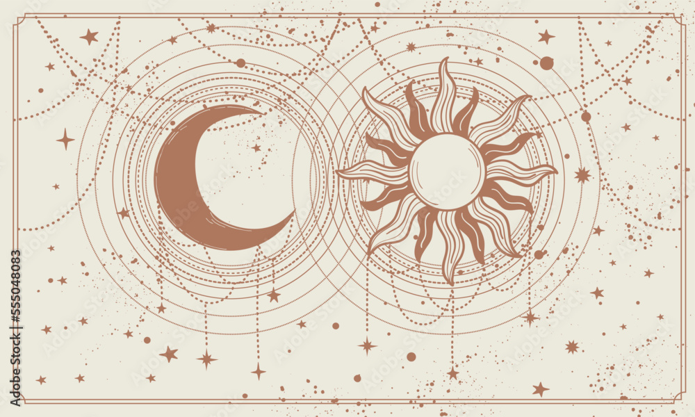 Wall mural celestial space background with sun and mysterious moon, banner for astrology, zodiac, tarot landing