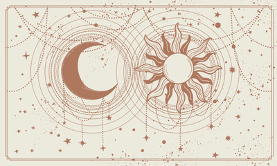 Celestial space background with sun and mysterious moon, banner for astrology, zodiac, tarot landing page. Hand drawn by line in natural colors, magical vector illustration. © Salomi art