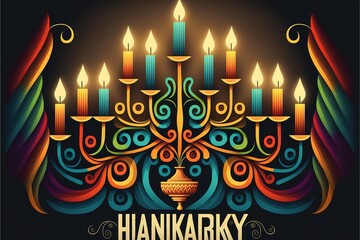 Fototapeta na wymiar Happy Hanukkah banner, template for your design. Hanukkah is a Jewish holiday. Greeting Card with Menorah, Vector illustration. Generative AI