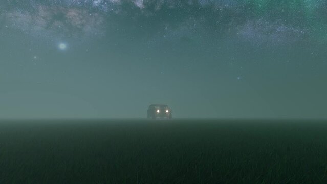 driving car at night in the grass field 3d render 60 fps