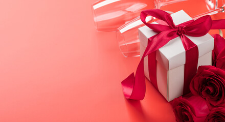 Valentines day card with champagne, rose flowers and gift box
