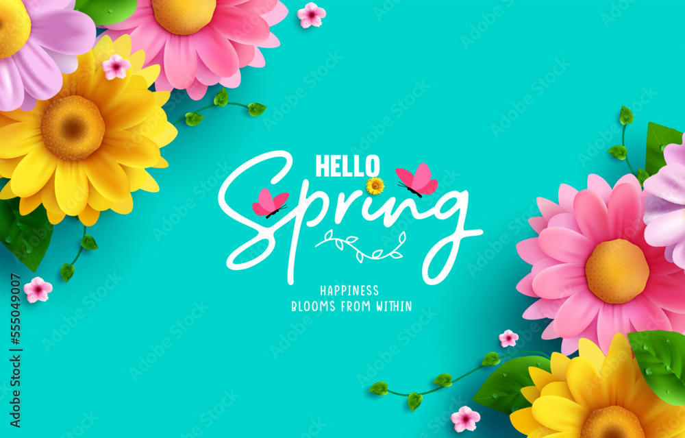 Wall mural hello spring text vector background design. spring greeting typography with fresh bloom flowers and 
