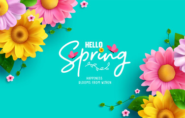 Hello spring text vector background design. Spring greeting typography with fresh bloom flowers and butterfly elements in empty space for holiday season celebration. Vector Illustration.  - obrazy, fototapety, plakaty