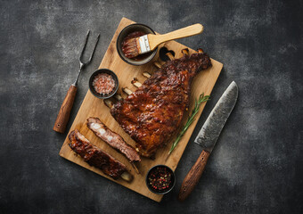 Delicious BBQ ribs. Smoked American style pork ribs with souce.